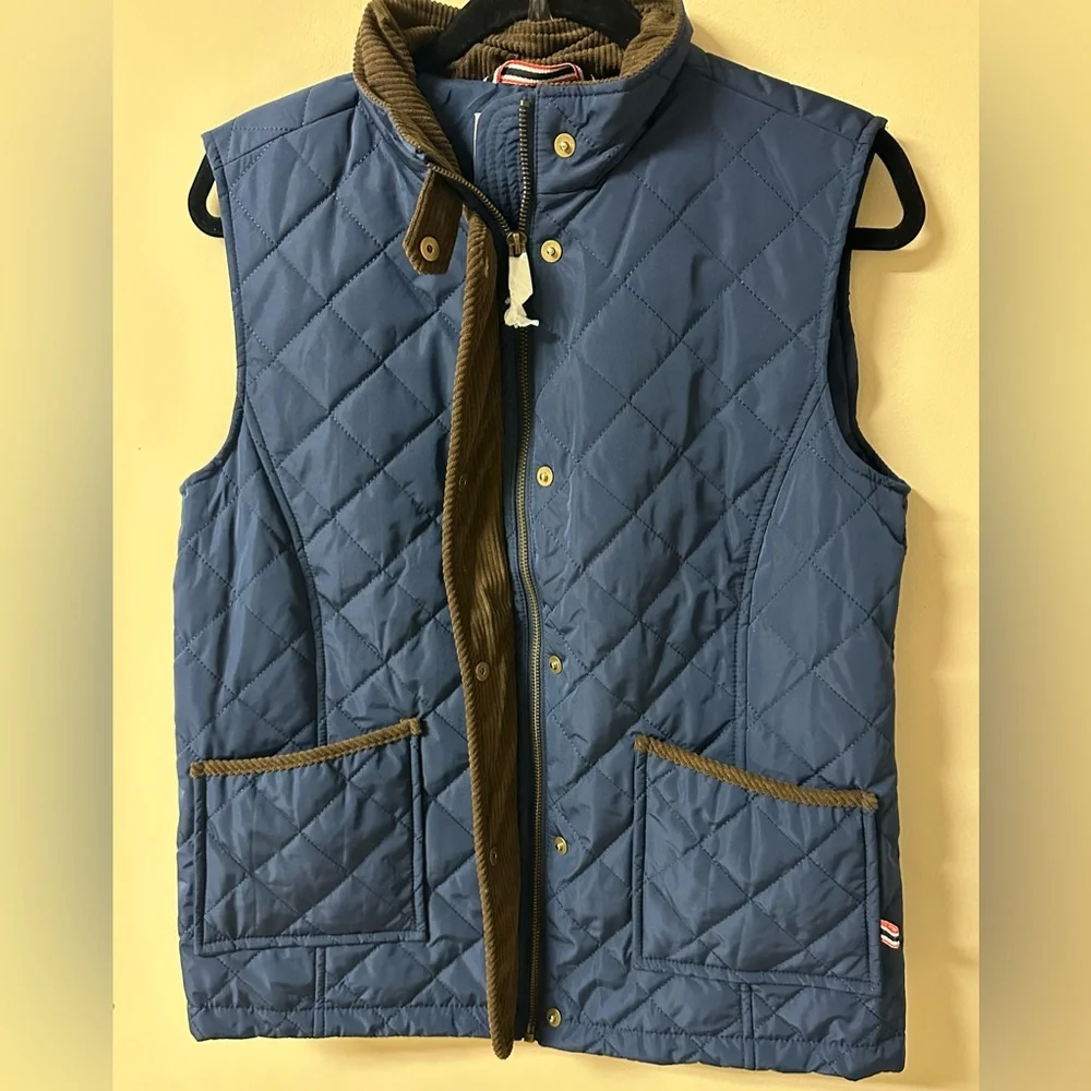 NWT Hunter Quilted Outwear Navy & Brown Corduroy Trim Vest Size S - Picture 5 of 7